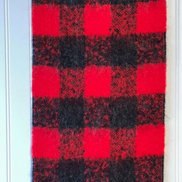 Vintage Mohair Blend Wool Plaid Scarf Made In France Red Black Fringed End Wrap - Picture 4 of 7